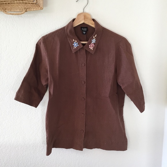 Eileen Fisher 100% Linen Embroidered Brown Top - Picture 3 of 8